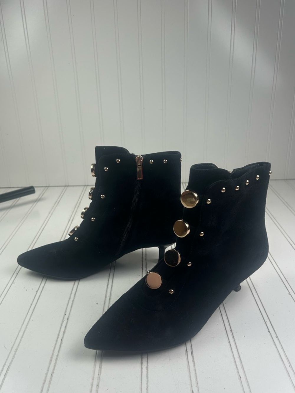 Jones Bootmaker Vintage Black Suede Studded Ankle Heel Boots Women’s Size 8 39 - Picture 5 of 12